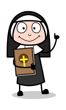 Holding a Bible Book - Cartoon Nun Lady Vector Illustration