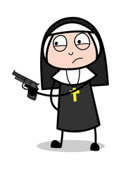 Fototapeta premium Pointing Gun - Cartoon Nun Lady Vector Illustration