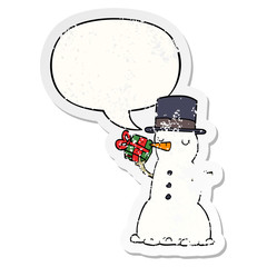 cartoon snowman and speech bubble distressed sticker
