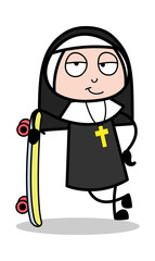 Standing with Skateboard - Cartoon Nun Lady Vector Illustration