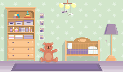 baby room in lilac . Vector image in flat design style. Paper space with place for text