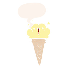 cartoon ice cream and face and speech bubble in retro style