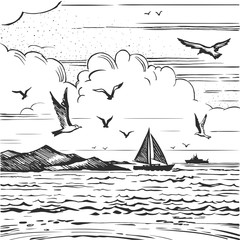 sketch seascape with yachts and seagulls
