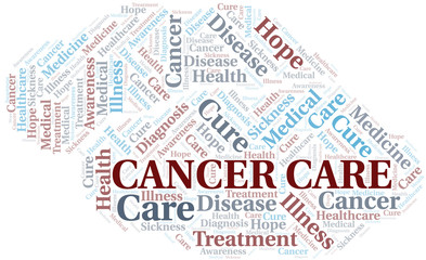 Cancer Care word cloud. Vector made with text only.