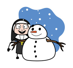 Standing with Snowman - Cartoon Nun Lady Vector Illustration
