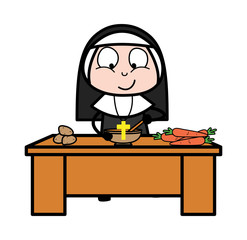 Fototapeta premium Preparing Food in Kitchen - Cartoon Nun Lady Vector Illustration