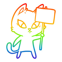 rainbow gradient line drawing confused cartoon cat with protest sign