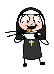 Eating with Chopsticks - Cartoon Nun Lady Vector Illustration