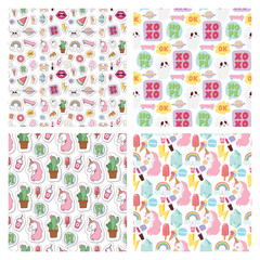 Hipster patches elements hand drawn cute fashionable stickers doodle pop art sketch pins comic seamless pattern background vector ilustration.