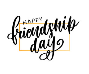 Vector illustration of hand drawn happy friendship day felicitation in fashion style with lettering text sign and color triangle for grunge effect isolated on white background