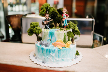 Big wedding cake close-up on the wedding table close up