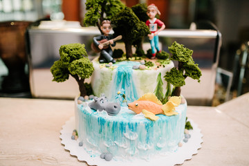 Big wedding cake close-up on the wedding table close up
