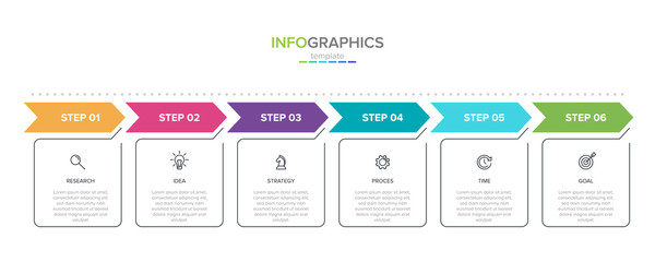 Concept of arrow business model with 6 successive steps. Six colorful rectangular elements. Timeline design for brochure, presentation. Infographic design layout. - obrazy, fototapety, plakaty