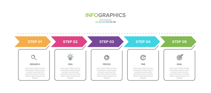 Concept of arrow business model with 5 successive steps. Five colorful rectangular elements. Timeline design for brochure, presentation. Infographic design layout.