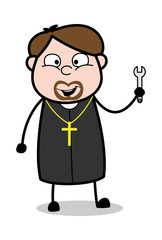 Showing a Wrench Tool - Cartoon Priest Monk Vector Illustration