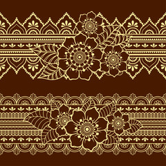 Set of seamless borders pattern with Mehndi flower for Henna drawing and tattoo. Decoration in ethnic oriental, Indian style. Doodle ornament. Outline hand draw vector illustration.