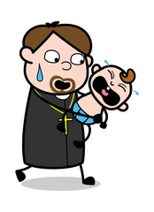 Holding a Crying Baby and Trying to Shut - Cartoon Priest Monk Vector Illustration