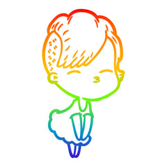 rainbow gradient line drawing cartoon squinting girl in dress