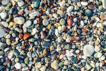 Trendy colorful small sea stone pebble background. Multicolored abstract beach nature pattern