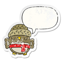 cute cartoon owl in hat and speech bubble distressed sticker