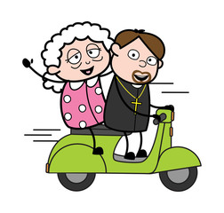 Riding Scooter with Grandma - Cartoon Priest Monk Vector Illustration