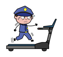 Running on Treadmill - Retro Cop Policeman Vector Illustration
