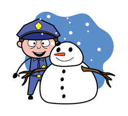 Standing with a Snowman - Retro Cop Policeman Vector Illustration