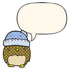 cute cartoon owl in hat and speech bubble in comic book style