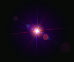 Glowing flash. Beautiful glare effect with bokeh, glitter particles and rays. Sparkling light effects of lens flare with colorful twinkle. Shining abstract background. Vector illustration.