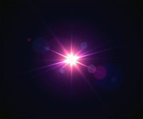 Glowing flash. Beautiful glare effect with bokeh, glitter particles and rays. Sparkling light effects of lens flare with colorful twinkle. Shining abstract background. Vector illustration.