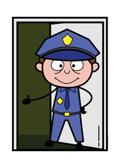 Asking to Come Inside the House - Retro Cop Policeman Vector Illustration