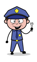Showing Wrench Tool - Retro Cop Policeman Vector Illustration