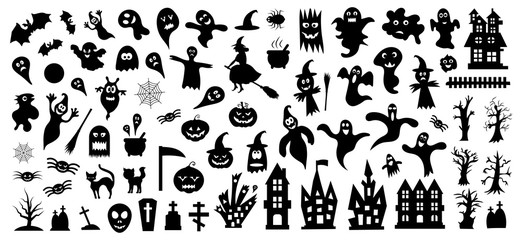 Set of silhouettes of Halloween on a white background. Vector illustration...