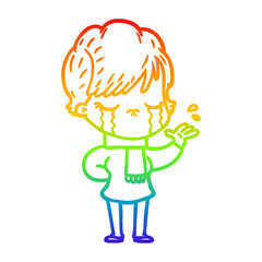 rainbow gradient line drawing cartoon woman crying