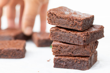 Close up homemade chocolate brownies with copy space