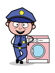 Presenting a Washing Machine - Retro Cop Policeman Vector Illustration