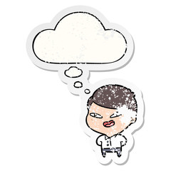 cartoon happy business man and thought bubble as a distressed worn sticker