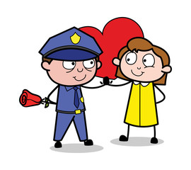 Proposing to Girlfriend with Rose - Retro Cop Policeman Vector Illustration