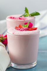 Close up of fruit yougurt smoothie - health living concept