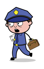 Going in Hurry with File and Briefcase - Retro Cop Policeman Vector Illustration