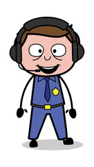 Talking with Headphone - Retro Cop Policeman Vector Illustration