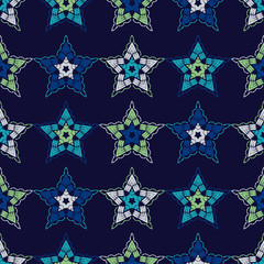 Stars. Ethnic boho seamless pattern. Lace. Embroidery on fabric. Patchwork texture. Weaving. Traditional ornament. Tribal pattern. Folk motif. Can be used for wallpaper, textile, wrapping, web.