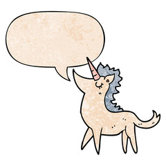 cartoon unicorn and speech bubble in retro texture style