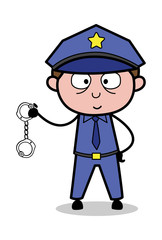 Showing Handcuffs - Retro Cop Policeman Vector Illustration
