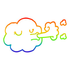 rainbow gradient line drawing cartoon cloud blowing a gale