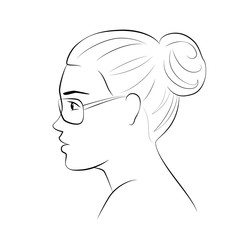 Woman young face, black outline on white background