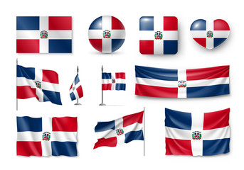 Various flags of Dominican republic caribbean country set. Realistic waving national flag on pole, table flag and different shapes badges. Patriotic symbolics for design isolated vector illustration