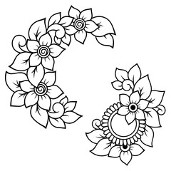 Set of Mehndi flower pattern for Henna drawing and tattoo. Decoration in ethnic oriental, Indian style. Doodle ornament. Outline hand draw vector illustration.