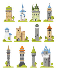 Cartoon castle vector fairytale medieval tower of fantasy palace building in kingdom fairyland illustration towering set of historical fairy-tale towered house isolated on white background