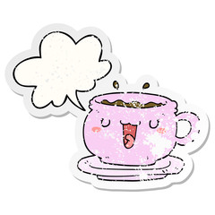 cute cartoon cup and saucer and speech bubble distressed sticker